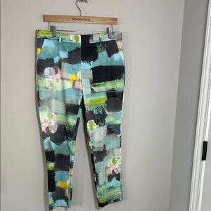Lela Rose Watercolor Print Straight Leg Pants Green Blue Silk lined Sz 8